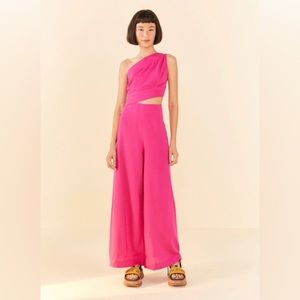 FARM Rio One-Shoulder Cutout Wide-Leg Jumpsuit in Hot Pink